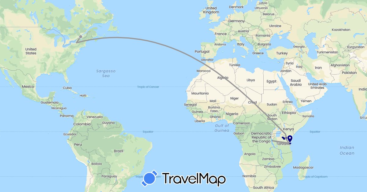 TravelMap itinerary: driving, plane, boat in Canada, Kenya, Tanzania, United States (Africa, North America)